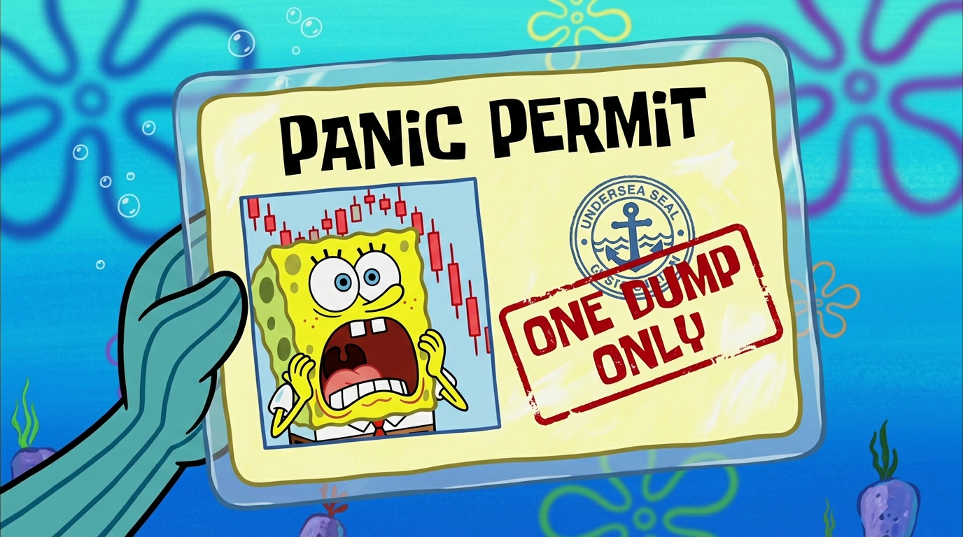 SpongeBob screaming on a panic permit, stamped ONE DUMP ONLY